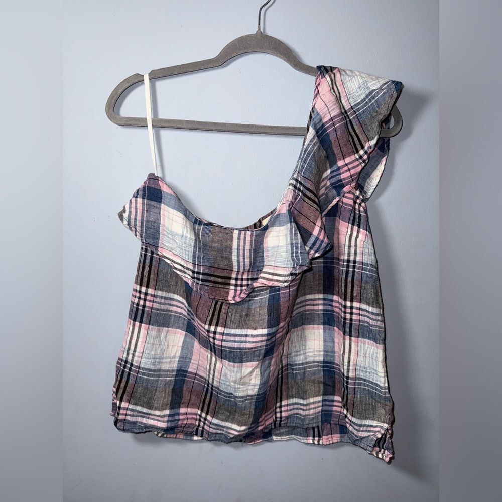 Cloth & Stone Plaid one Shoulder linen blend top size Large GUC